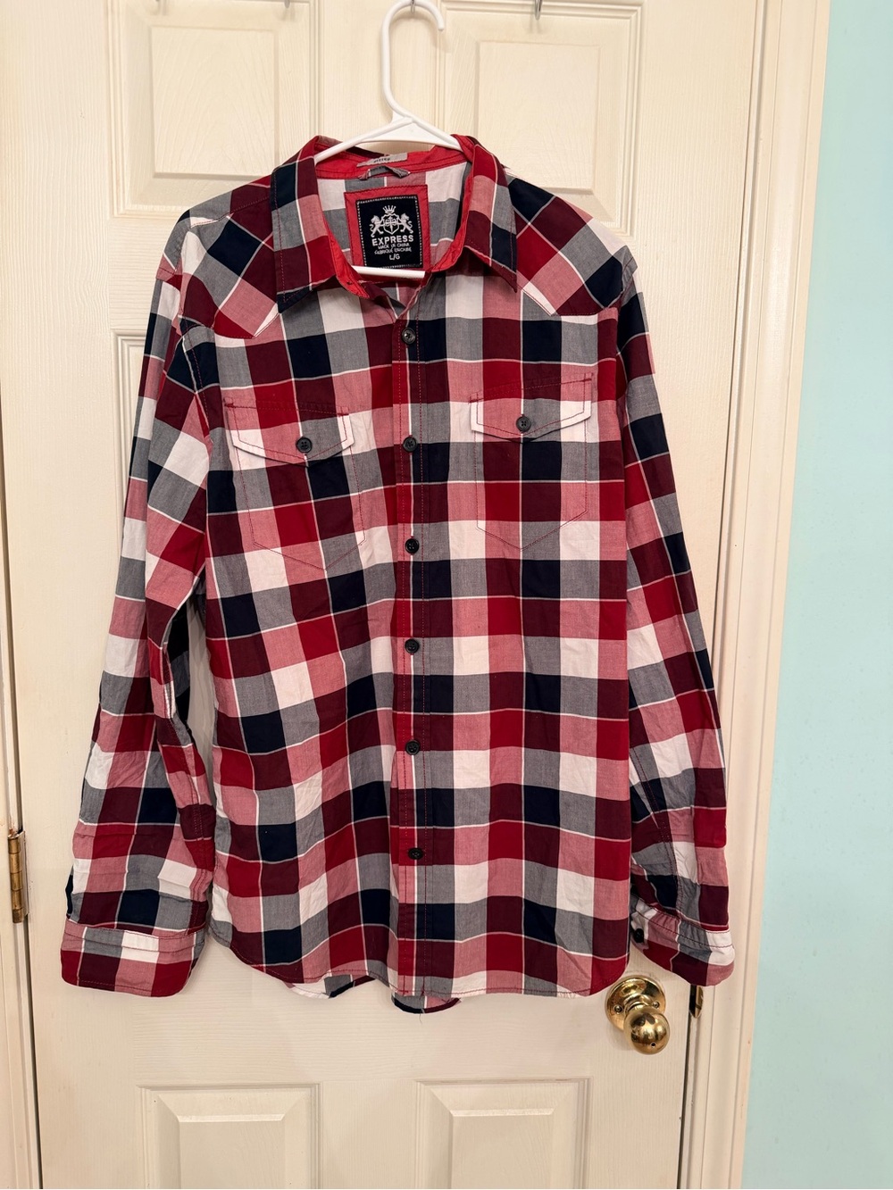 Express Men's Red Black and White Plaid Button-Down Shirt